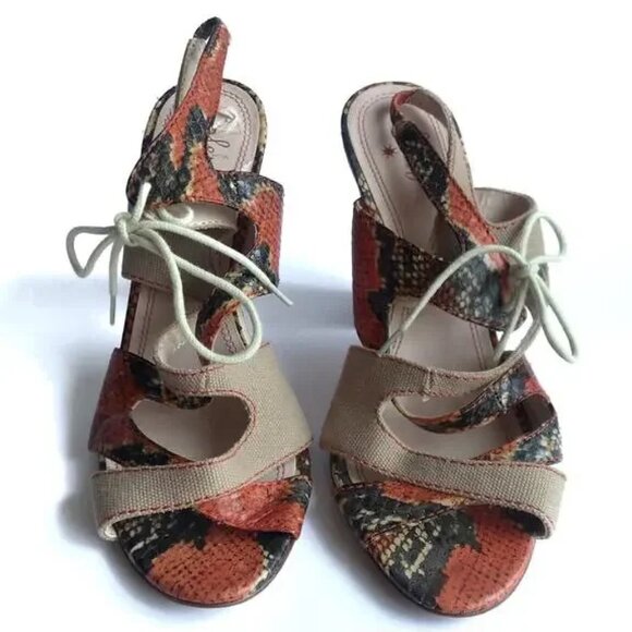 Tracy Reese Annie Snakeskin Block Wooden Chunky Heel Lace Up Strappy Sandal 39.5 - Picture 6 of 9